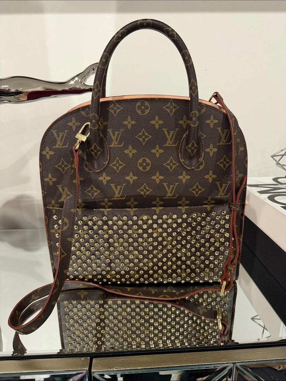 Monogram Studded Brown Satchel with Gold Accents inspired
